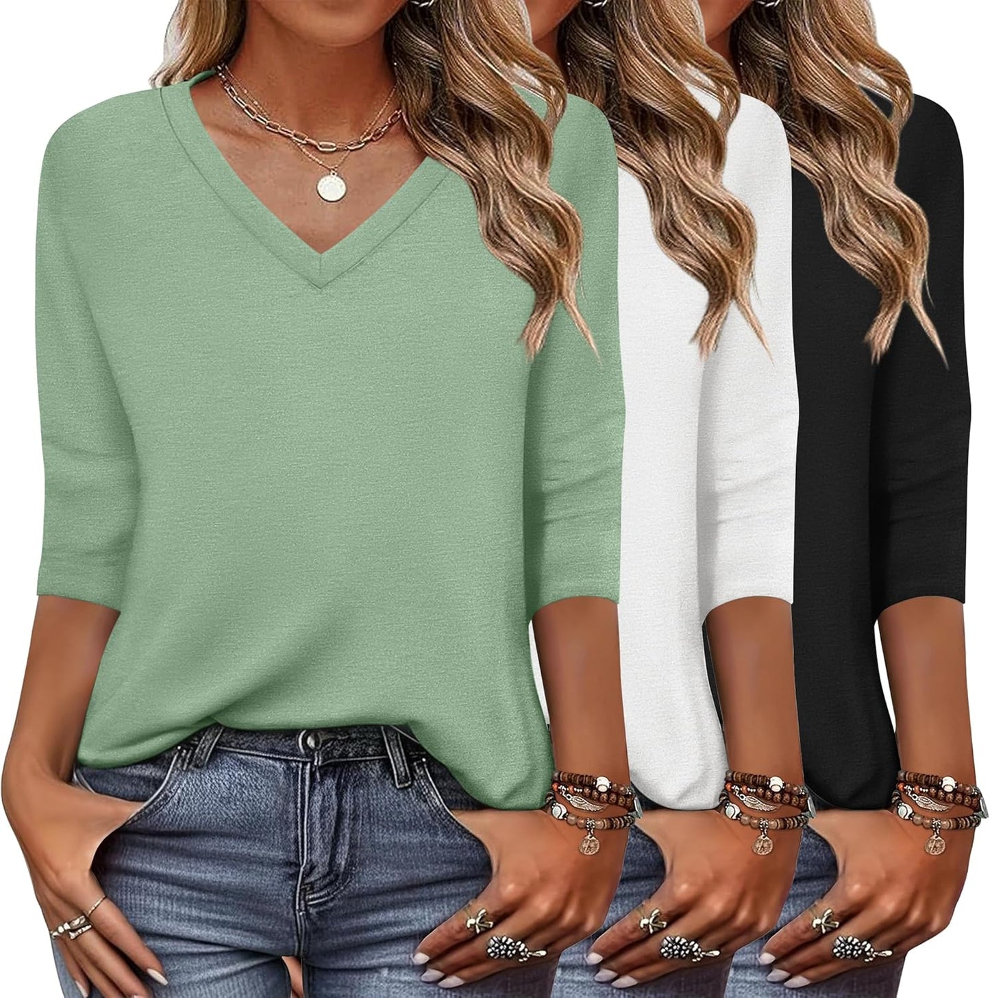 Zeagoo Women's 3/4 Sleeve V Neck T Shirts for Casual Outfits