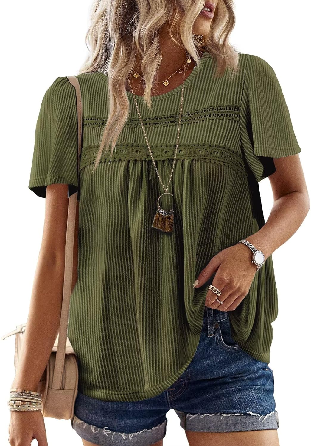 Womens Summer Tops Crewneck Short Sleeve Striped Shirts Casual