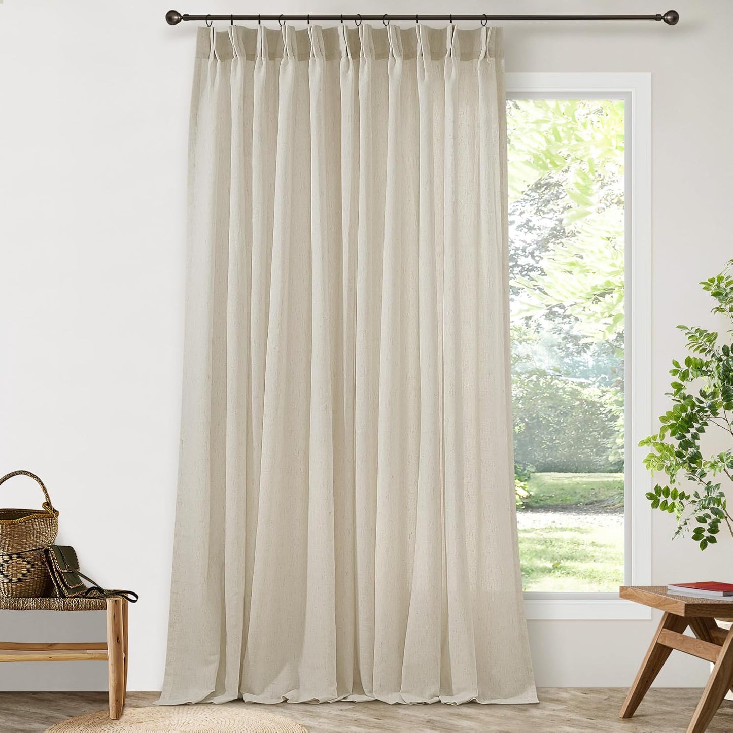Greyish Beige Extra Wide Pinch Pleat Linen Curtains for Living Room