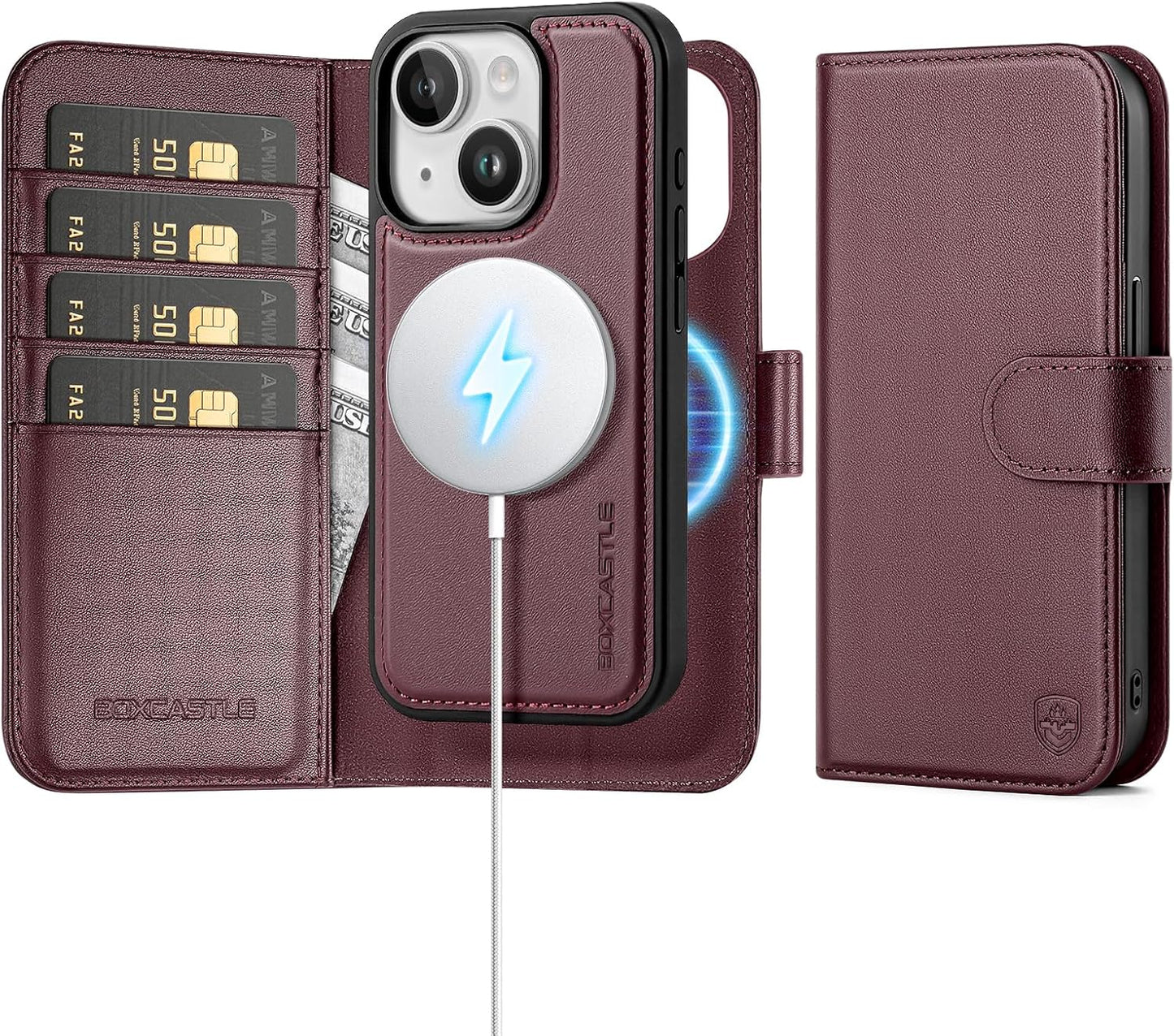 Magnetic 2 in 1 Detachable Wallet Case for iPhone 13 - Wine Red