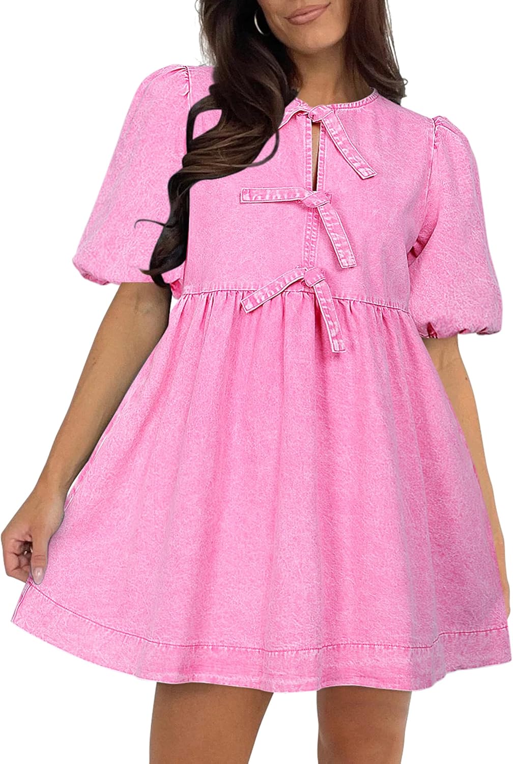 Qazel Vorrlon Denim Dress for Women with Puff Sleeves & Pockets