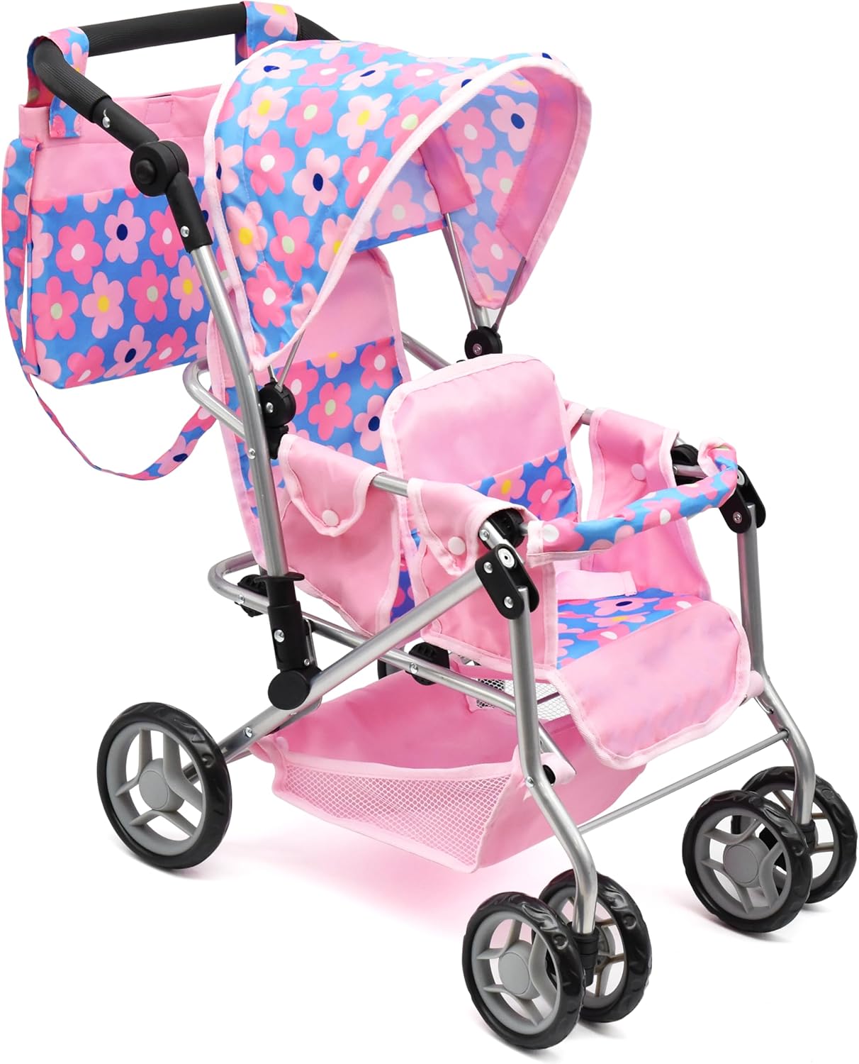 Baby Doll Double Stroller for Kids with Storage Basket & Bag