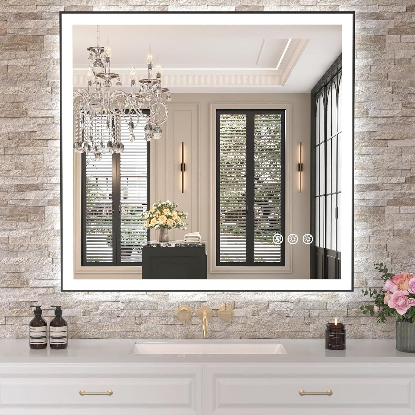 40in x 38in LED Bathroom Mirror with Black Frame and Dimming