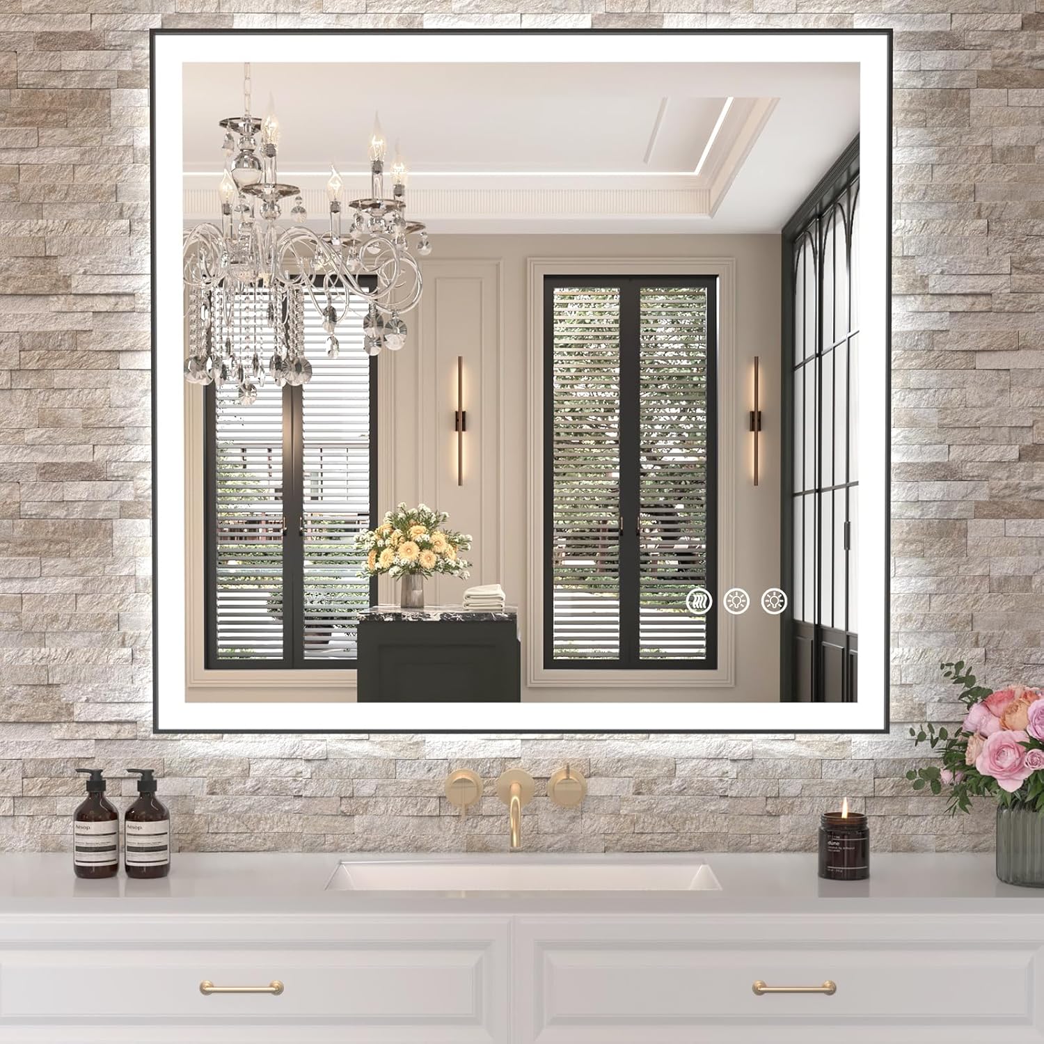 40in x 38in LED Bathroom Mirror with Black Frame and Dimming