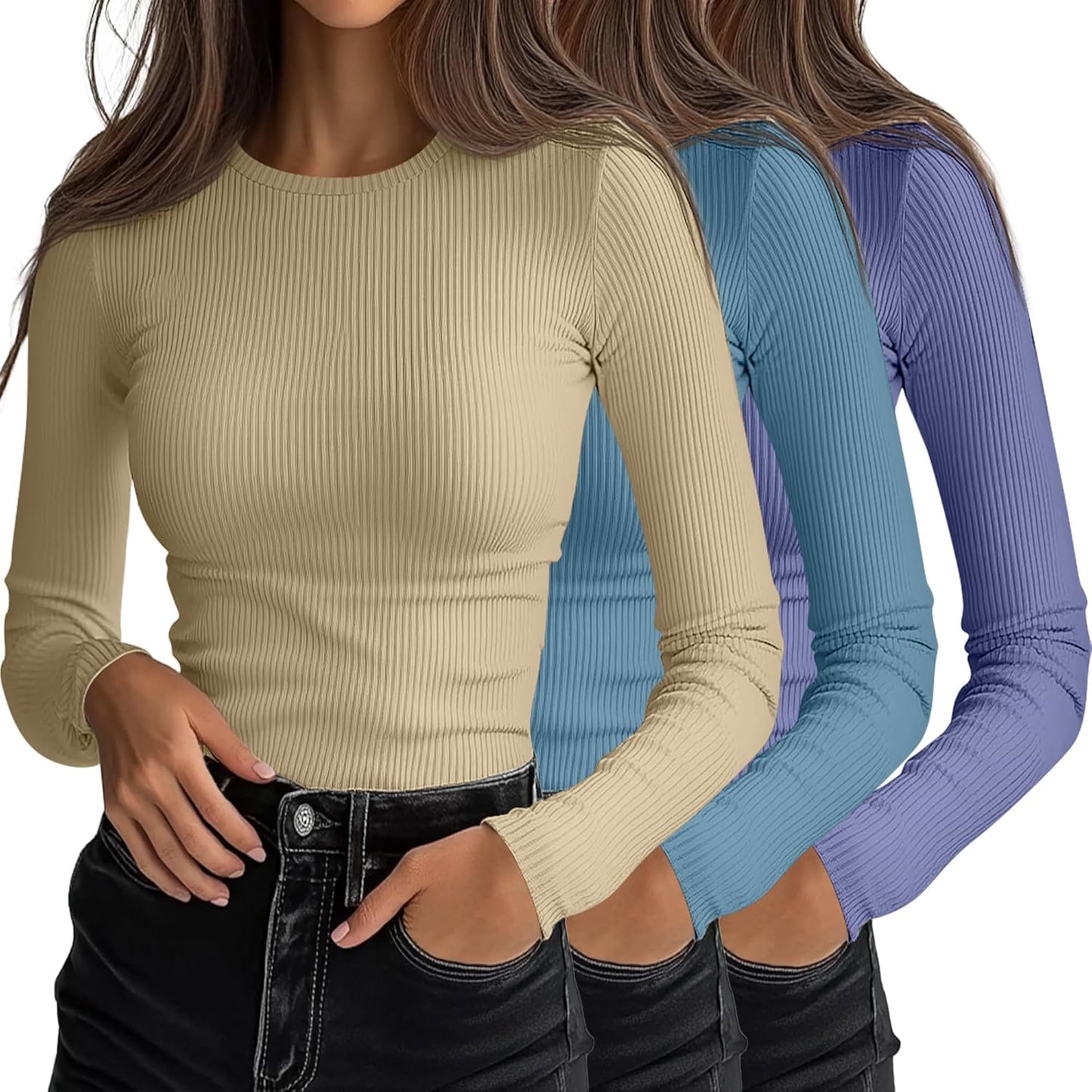 Ficerd Women's Ribbed Long Sleeve Tops for Casual Layering