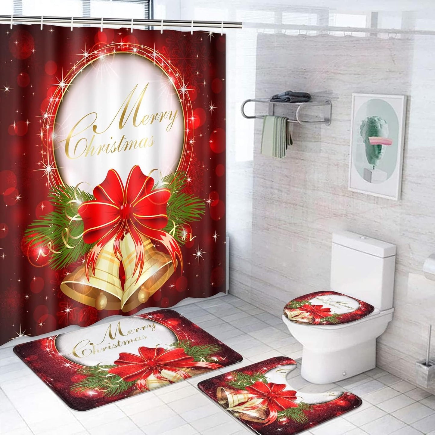 Christmas Bathroom Set with Non-Slip Rugs