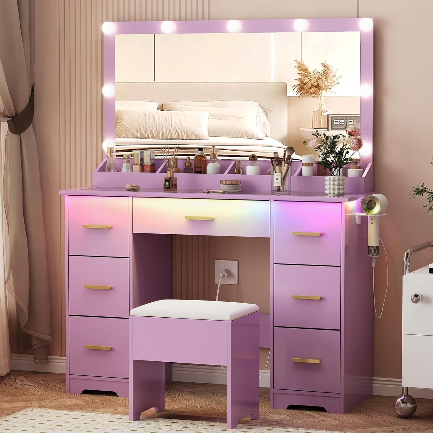 Stylish Purple Vanity Desk with Large Mirror and LED Lights