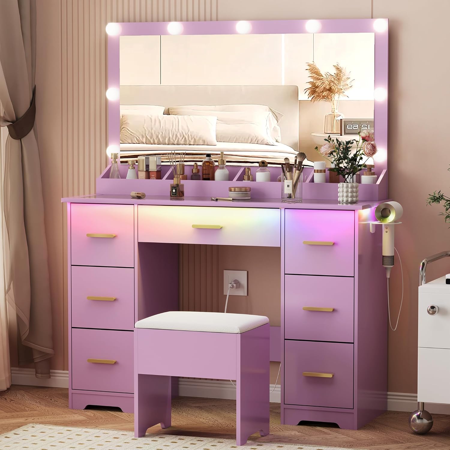 Stylish Purple Vanity Desk with Large Mirror and LED Lights