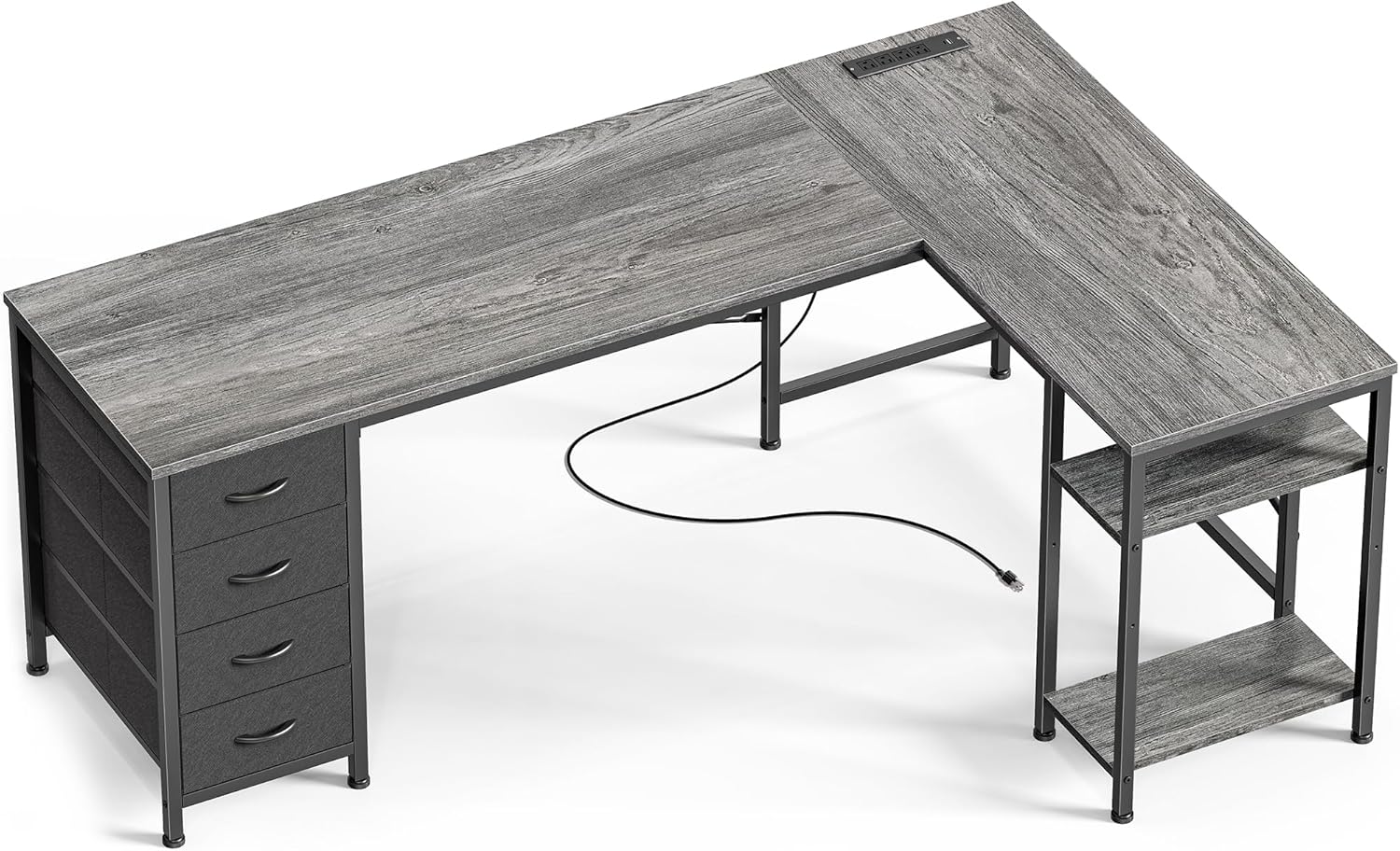 Huuger 63 Inch L Shaped Desk with Power Outlets and Drawers