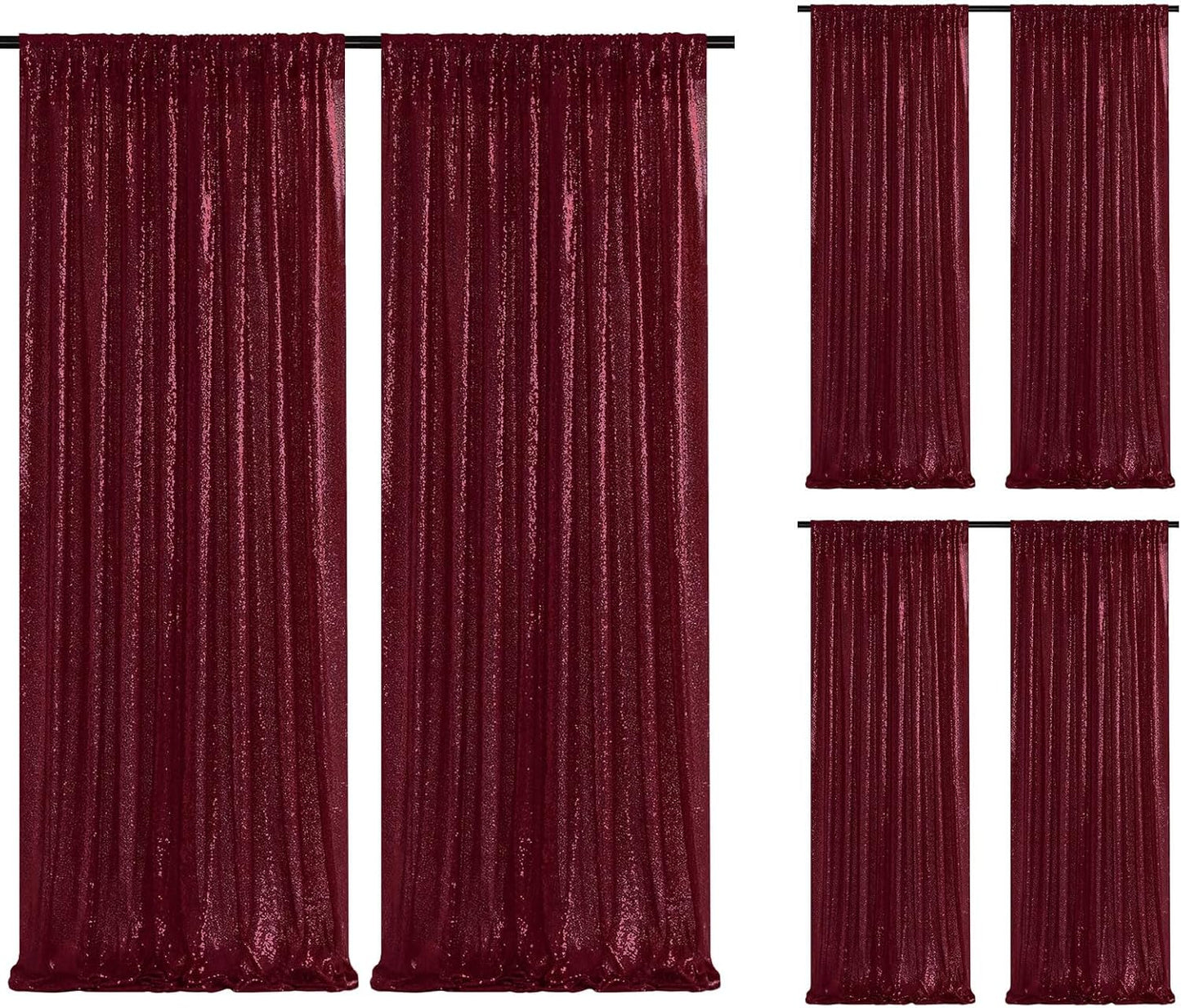 Burgundy Sequin Backdrop Curtain 6 Pieces for Party Decor