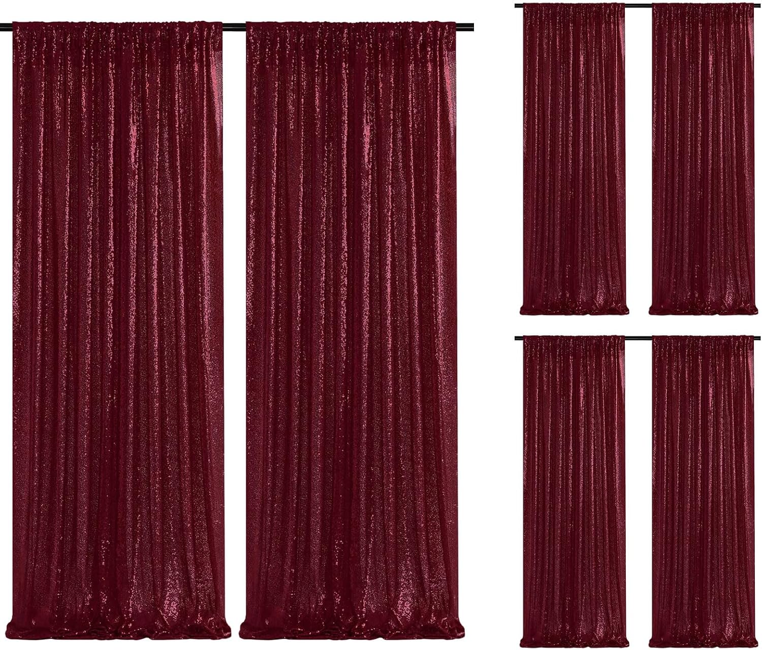 Burgundy Sequin Backdrop Curtain 6 Pieces for Party Decor