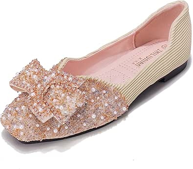 Rhinestone Square Ballet Flats for Women - Comfortable Slip On