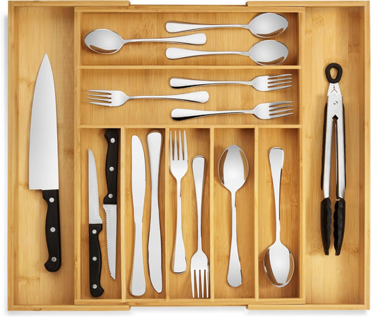 Purawood Bamboo Drawer Organizer - Expandable Kitchen Utensil Tray