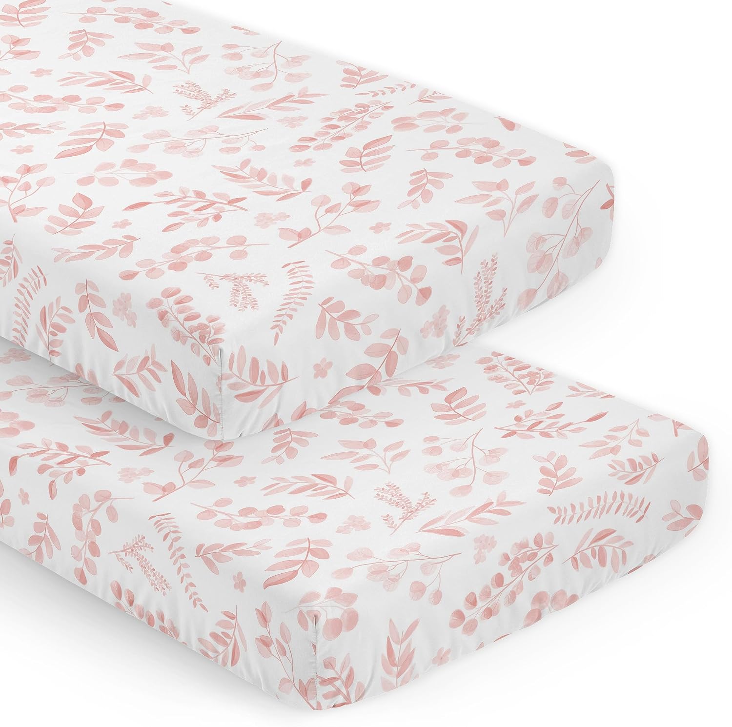 Blush Pink and White Boho Floral Leaf Crib Sheet Set for Nursery