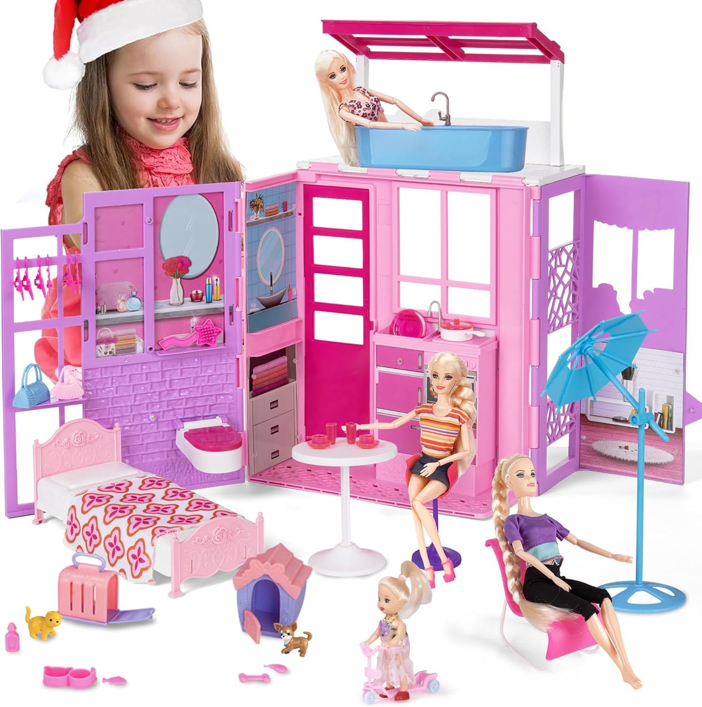Yellow River Portable Doll House - 40+ pcs Doll Accessories, Perfect Playhouse Gift!