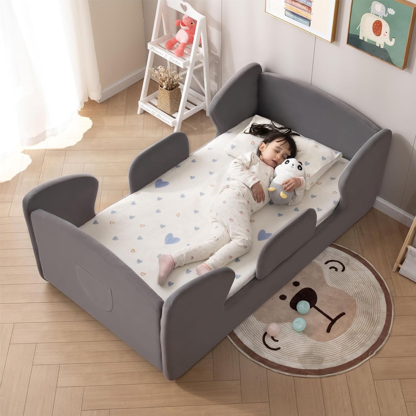 Toddler Floor Bed Frame with Safety Rails and Storage Bag