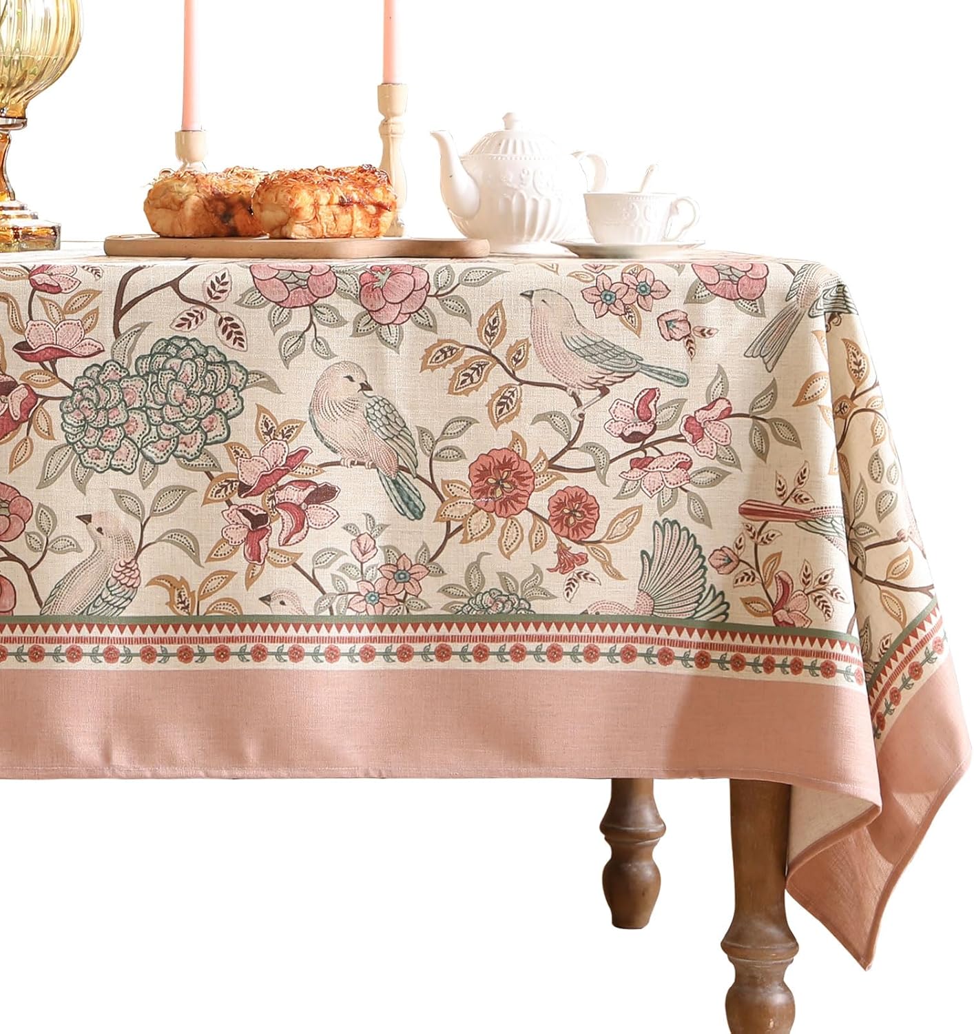 Designer Pink Linen Table Cloth for Rectangle Table - Vintage Floral