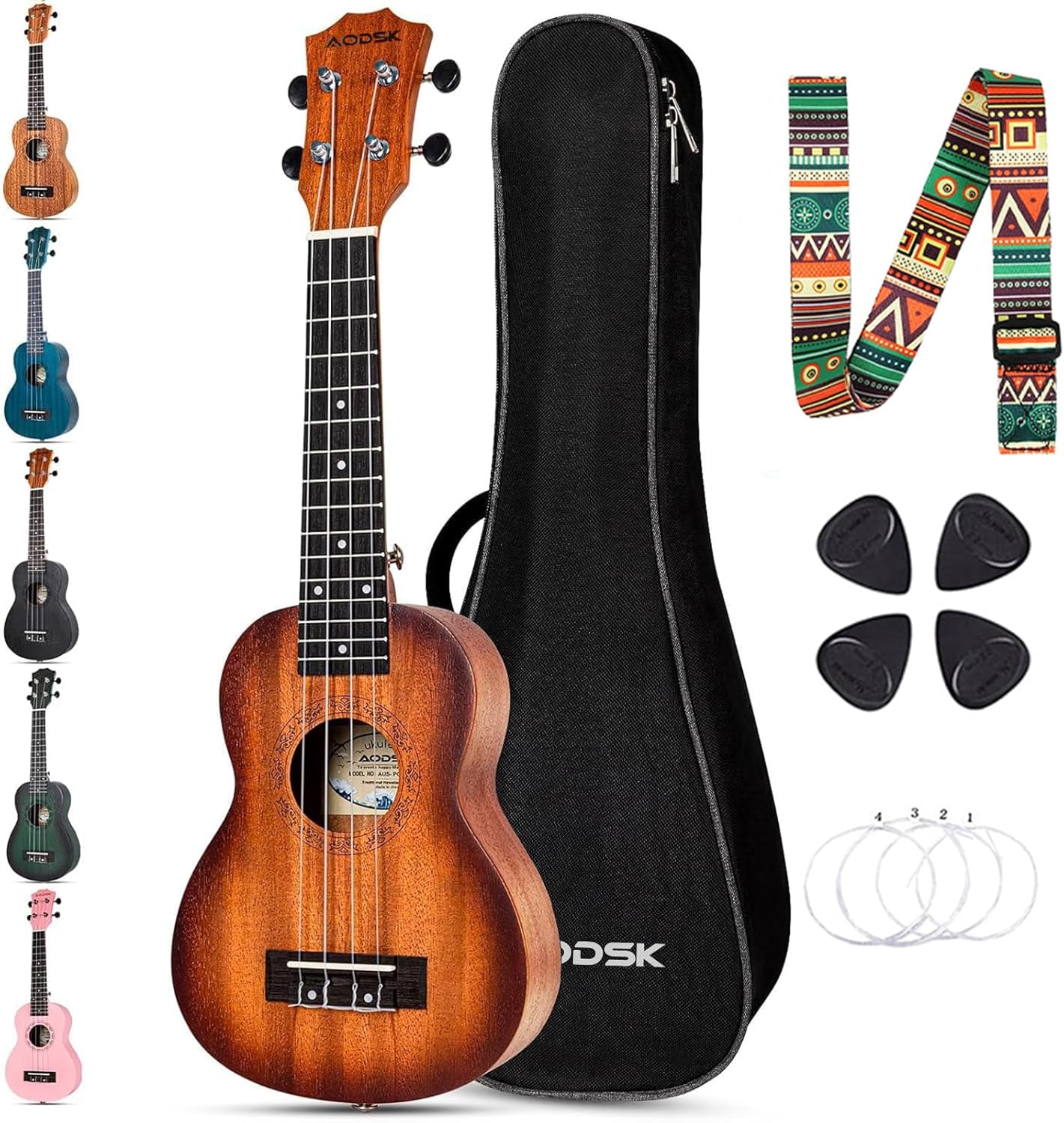 AODSK Concert Sunburst Ukulele for Beginners with Gig Bag