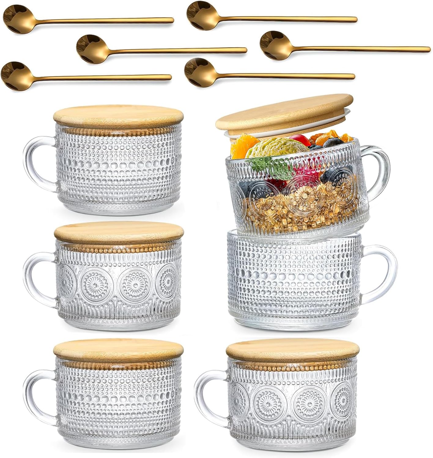 Vintage Coffee Mugs Set with Bamboo Lids and Spoons - 6pcs