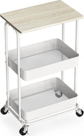 2-Tier Rolling Utility Cart with Wood Top - Compact Storage Solution