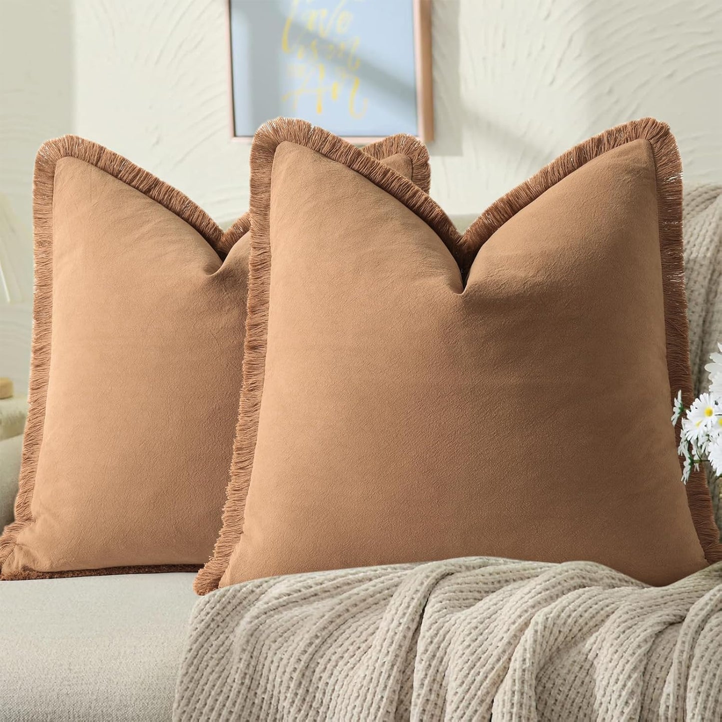ZWJD 26x26 Camel Throw Pillow Covers with Fringe for Chic Decor