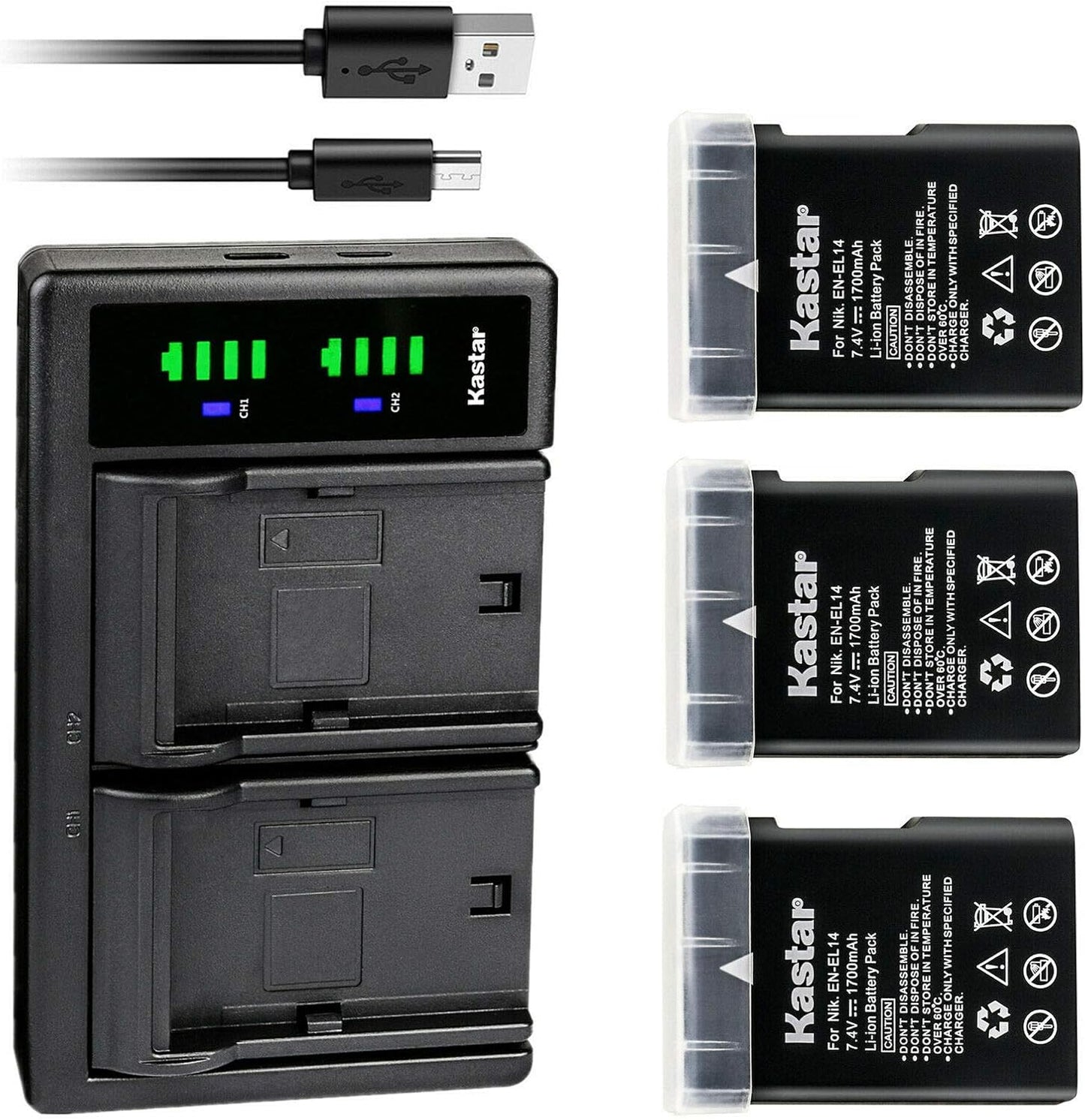 Kastar 3-Pack EN-EL14 Battery and USB Charger for Nikon Cameras