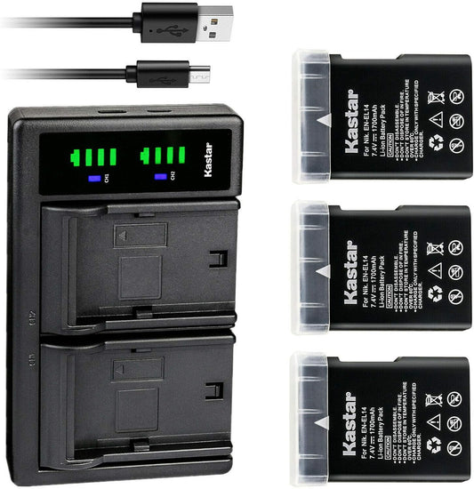 Kastar 3-Pack EN-EL14 Battery and USB Charger for Nikon Cameras