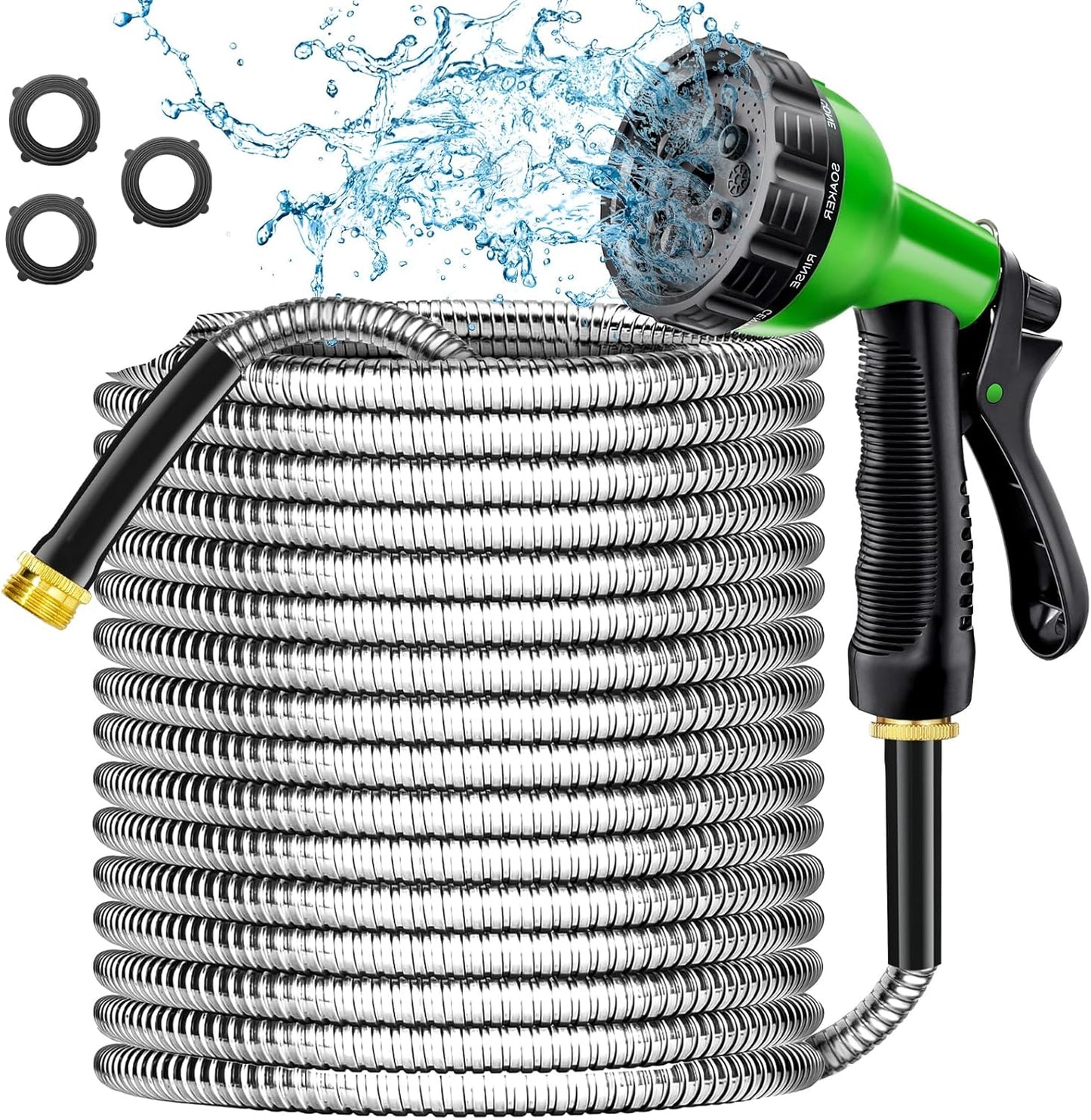 Stainless Steel Garden Hose 50 ft with 10 Function Nozzle