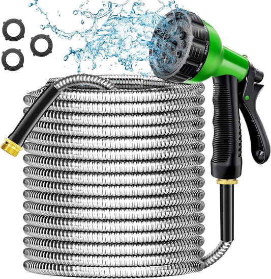 Stainless Steel Garden Hose 50 ft with 10 Function Nozzle