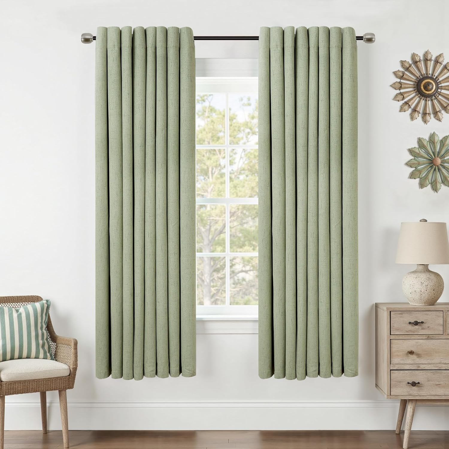 Mrs.Naturall Light Sage Grommet Linen Blackout Curtains 52x63