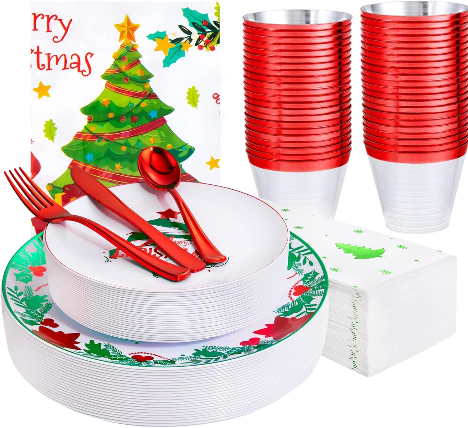 GATHER 176 Pieces Christmas Plates and Cutlery Set for Parties
