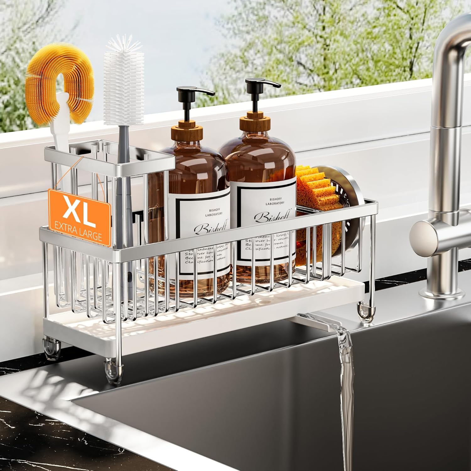Cisily Extra Large Silver Sponge Holder for Kitchen Sink Caddy