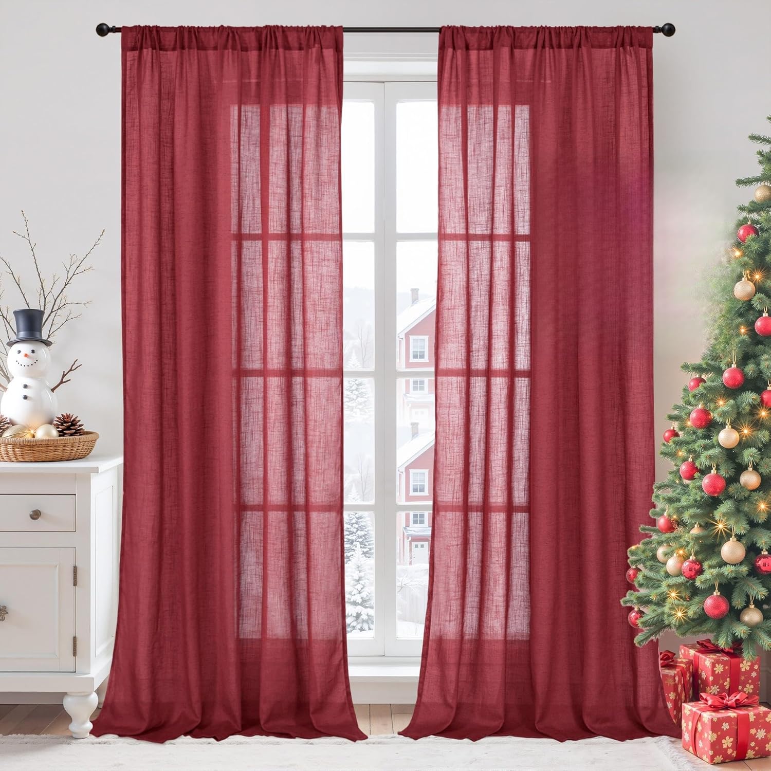 Burgundy Linen Curtains 90 Inch Length for Living Room Decor