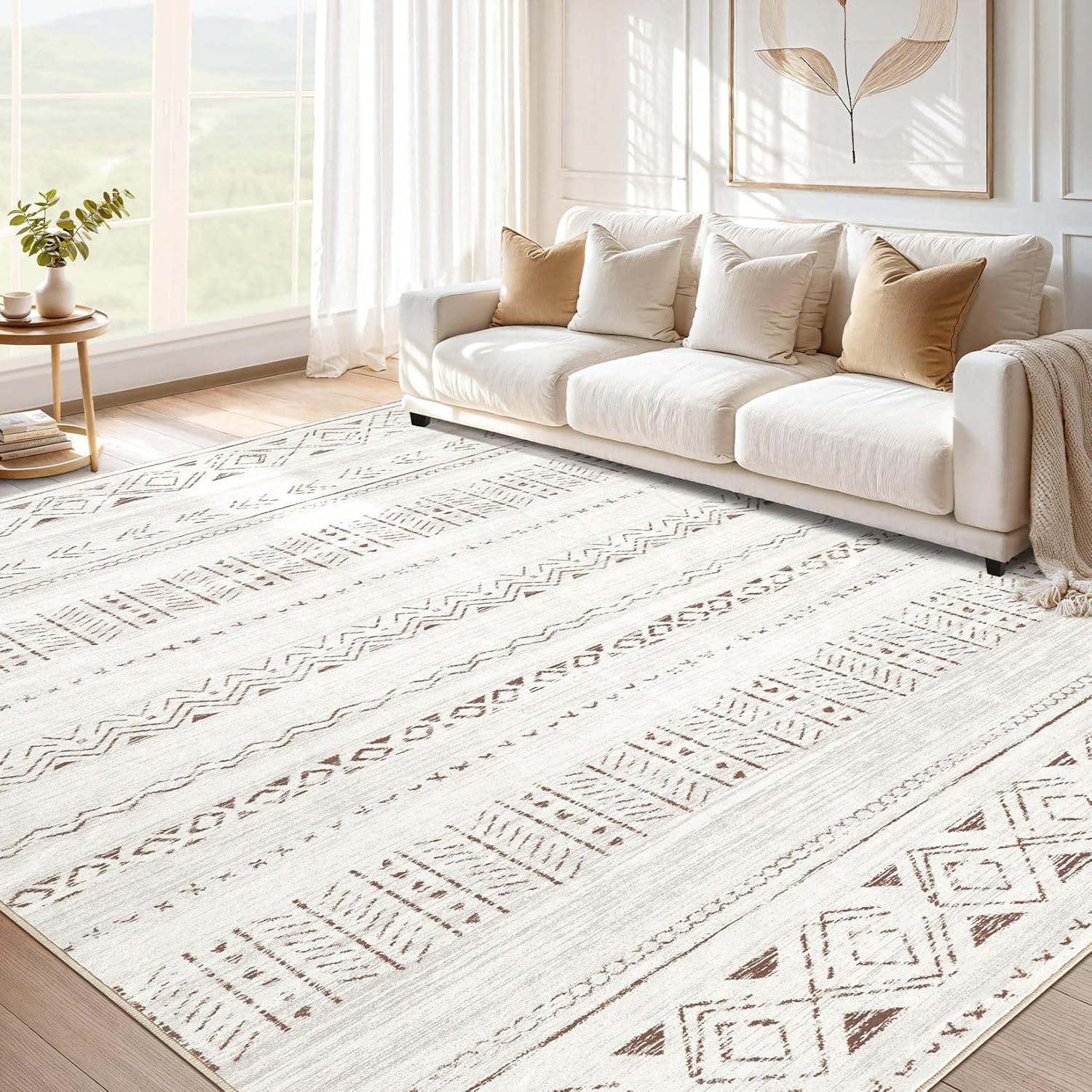 Large Living Room Area Rug 10x12: Soft Boho Moroccan Design