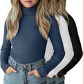 3 Pack Girls Turtleneck Ribbed Cotton Stretch Tops - Slim Fit