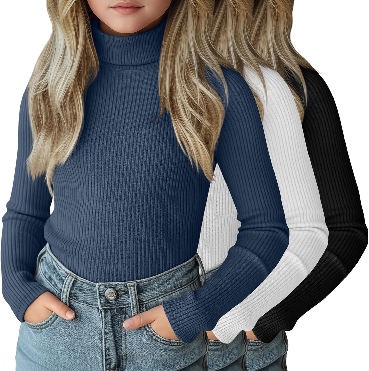3 Pack Girls Turtleneck Long Sleeve Shirts for Casual Wear