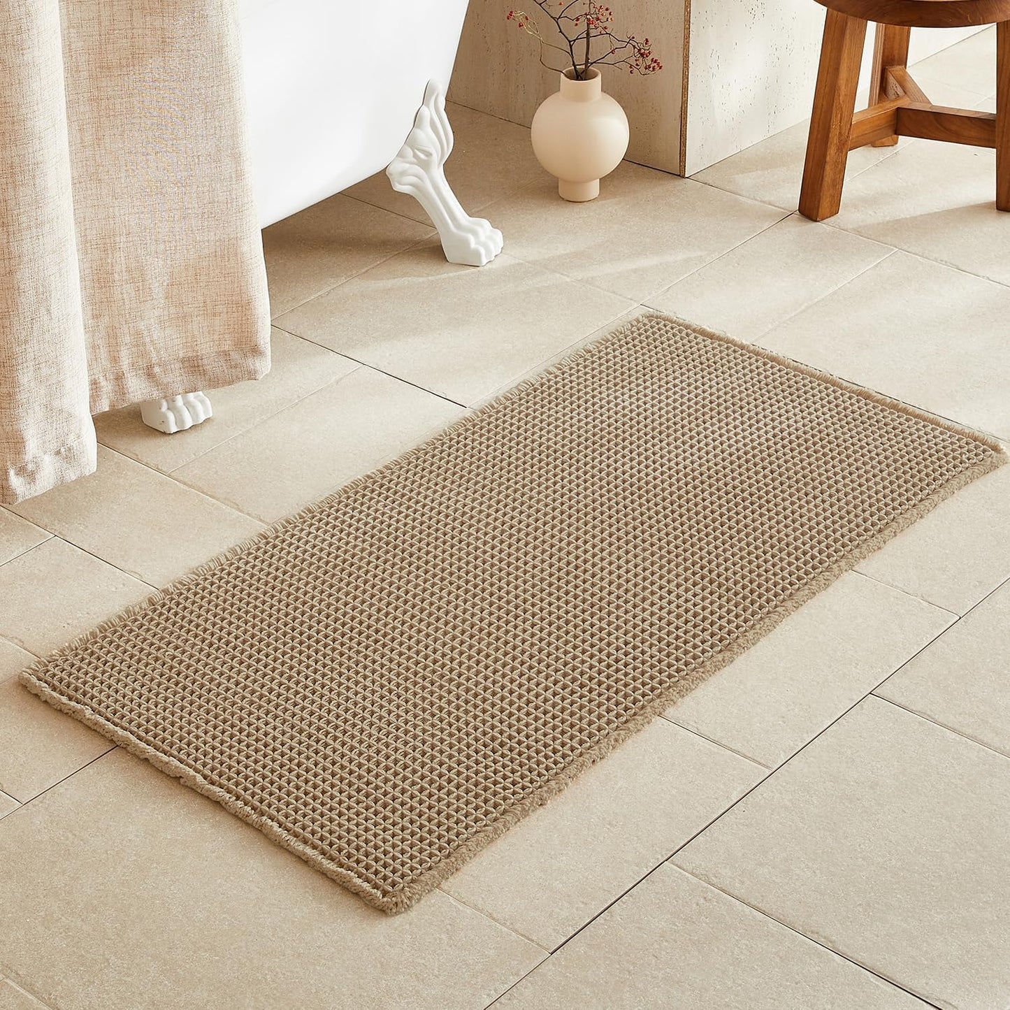 Waffle Bath Mat Non Slip Washable Super Absorbent 48x24 Khaki