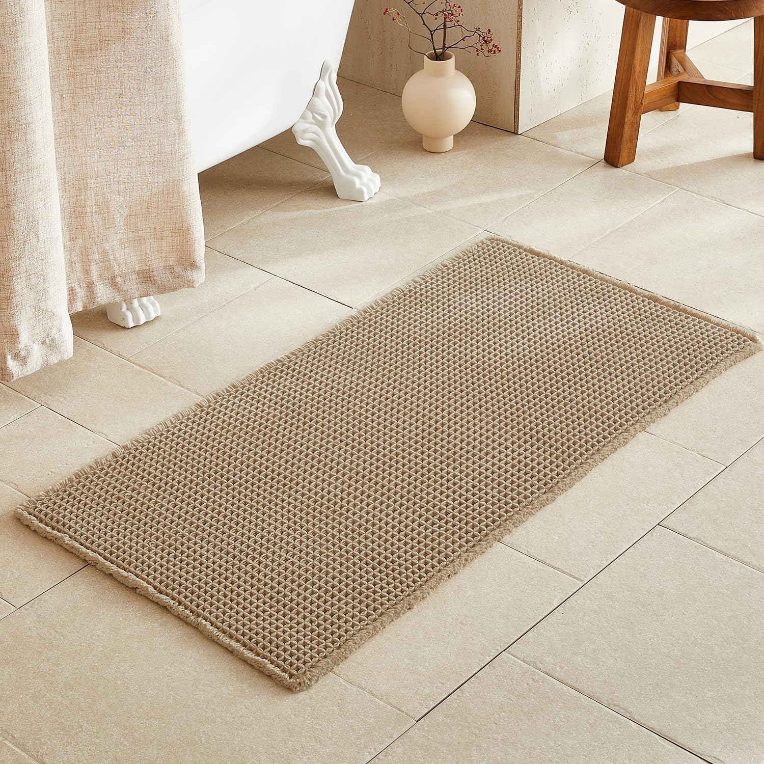 Waffle Bath Mat Non Slip Washable Super Absorbent 48x24 Khaki