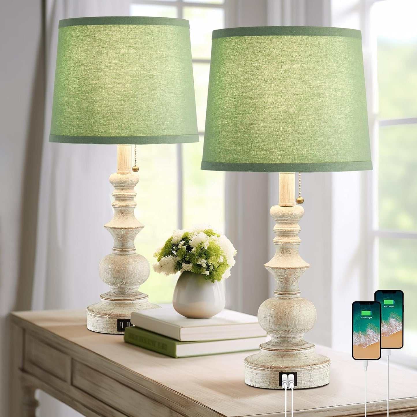 22 Inch Farmhouse Lamps Set of 2 with USB Charging Ports