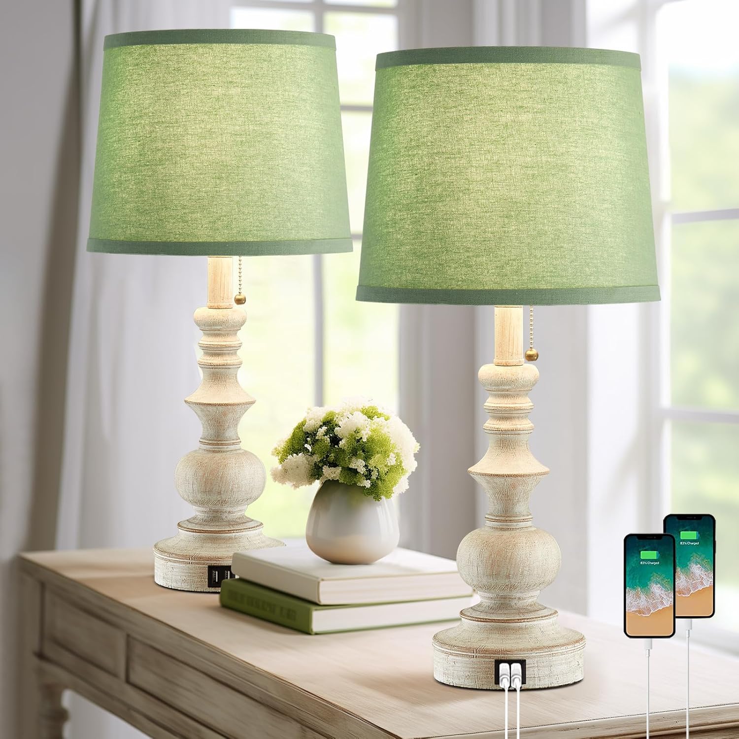 22 Inch Farmhouse Lamps Set of 2 with USB Charging Ports