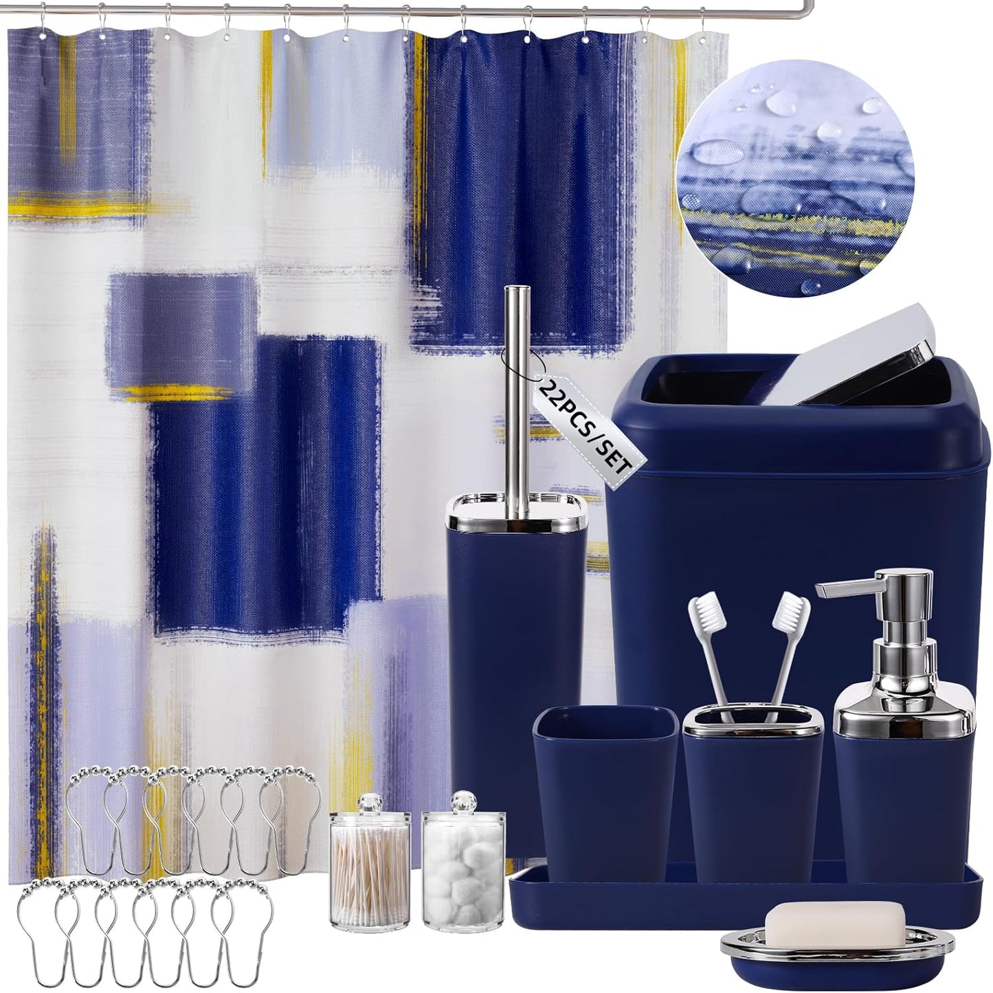 Blue Bathroom Accessories Set with Shower Curtain and More