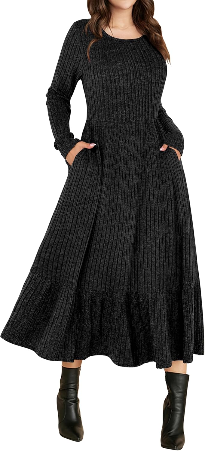 Womens Long Sleeve Midi Dress with Pocket for Fall 2025