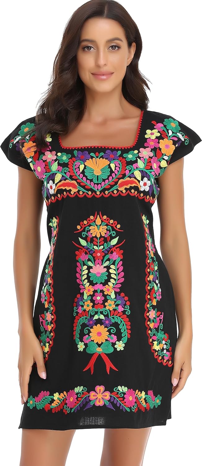 YZXDORWJ Women Mexican Embroidered Dress with Ruffle Collar
