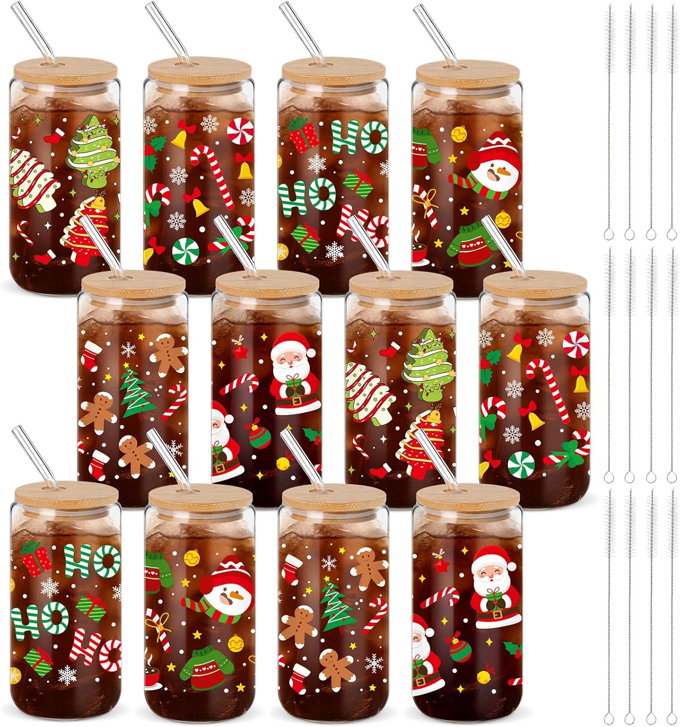 12 Set Christmas Glass Cups with Bamboo Lid and Straw Gifts