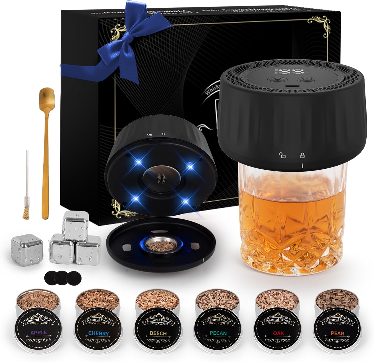 Electric Whiskey Smoker Kit with LED Lights and Natural Wood Chips