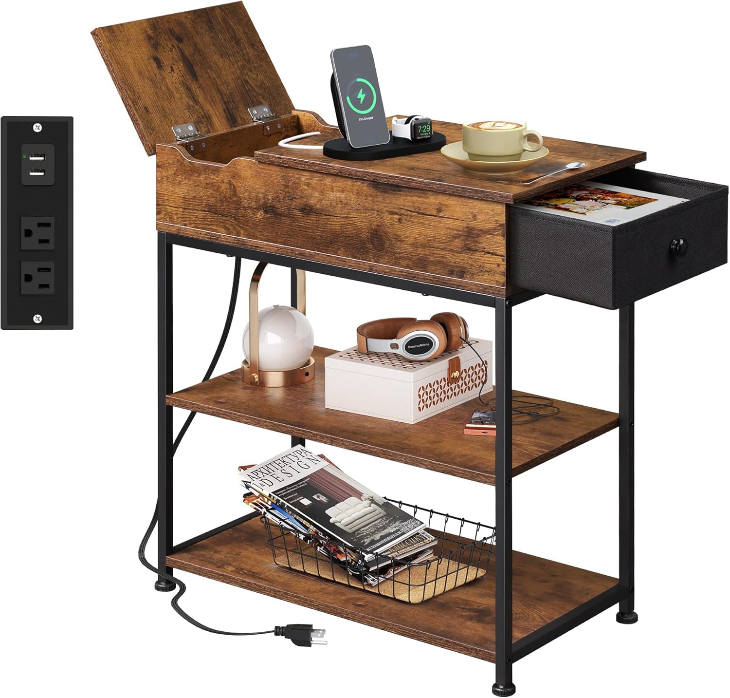 WLIVE Narrow Side Table with Charging Station for Small Spaces