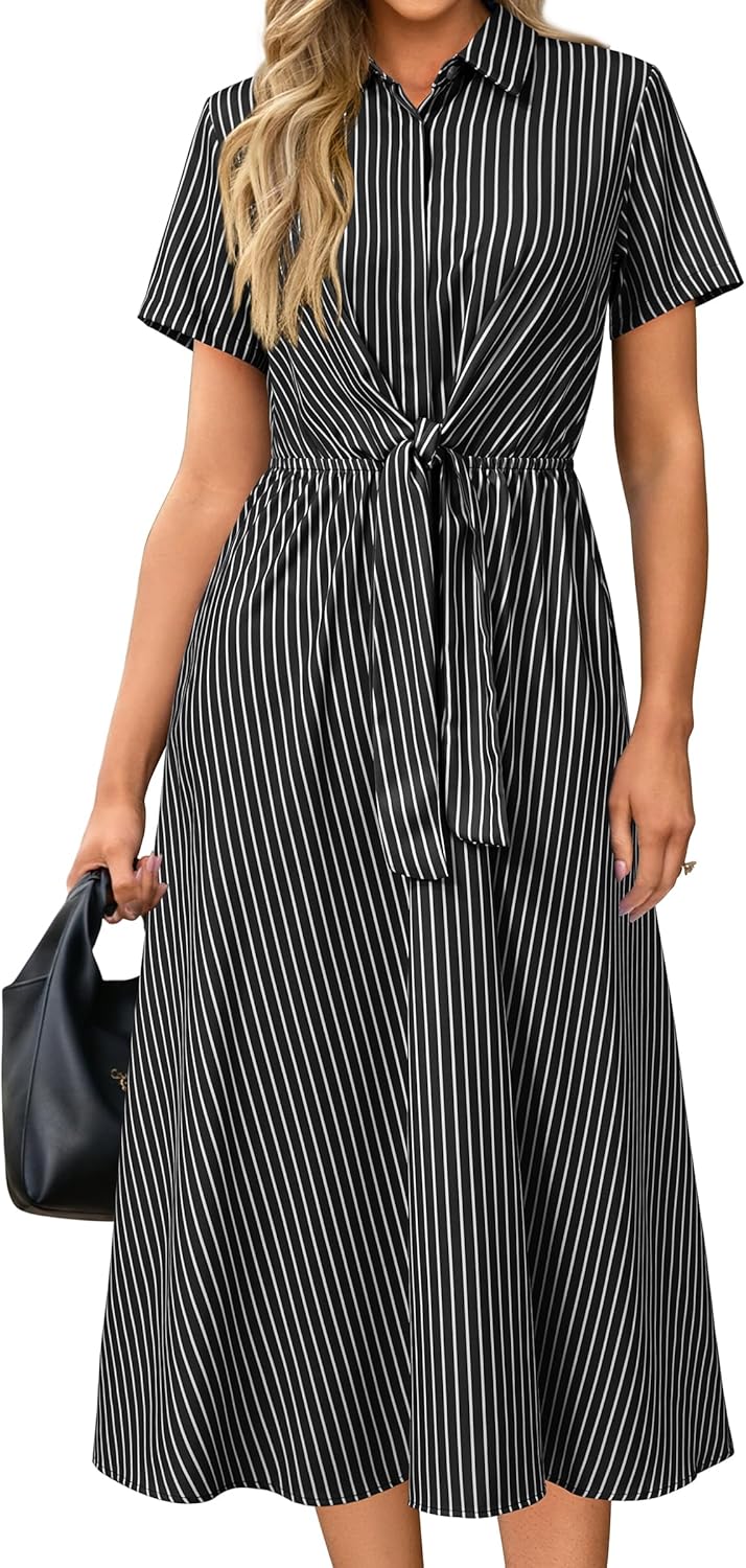Womens Wear to Work Long Dresses with Tie Waist for Office Attire