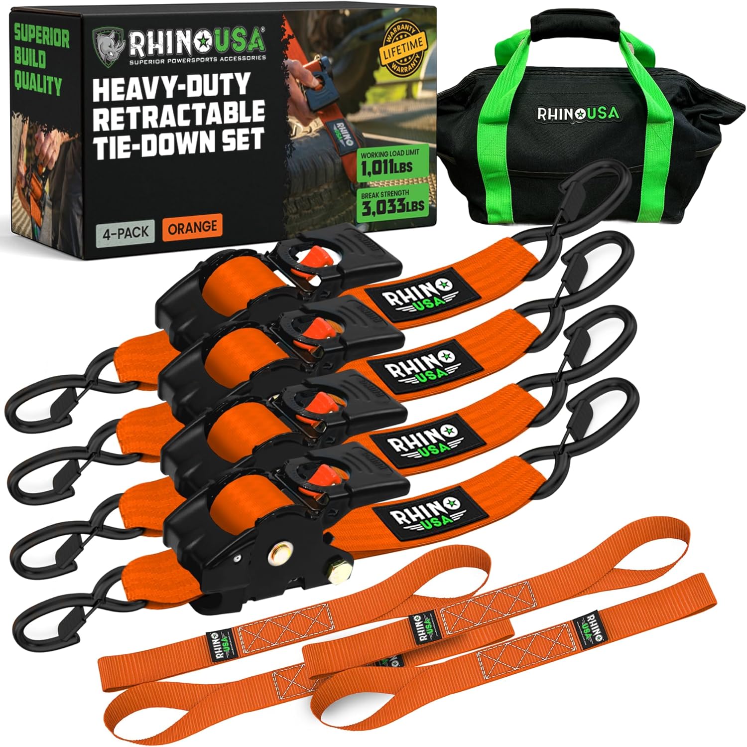 Rhino USA Retractable Ratchet Straps for Heavy Duty Cargo