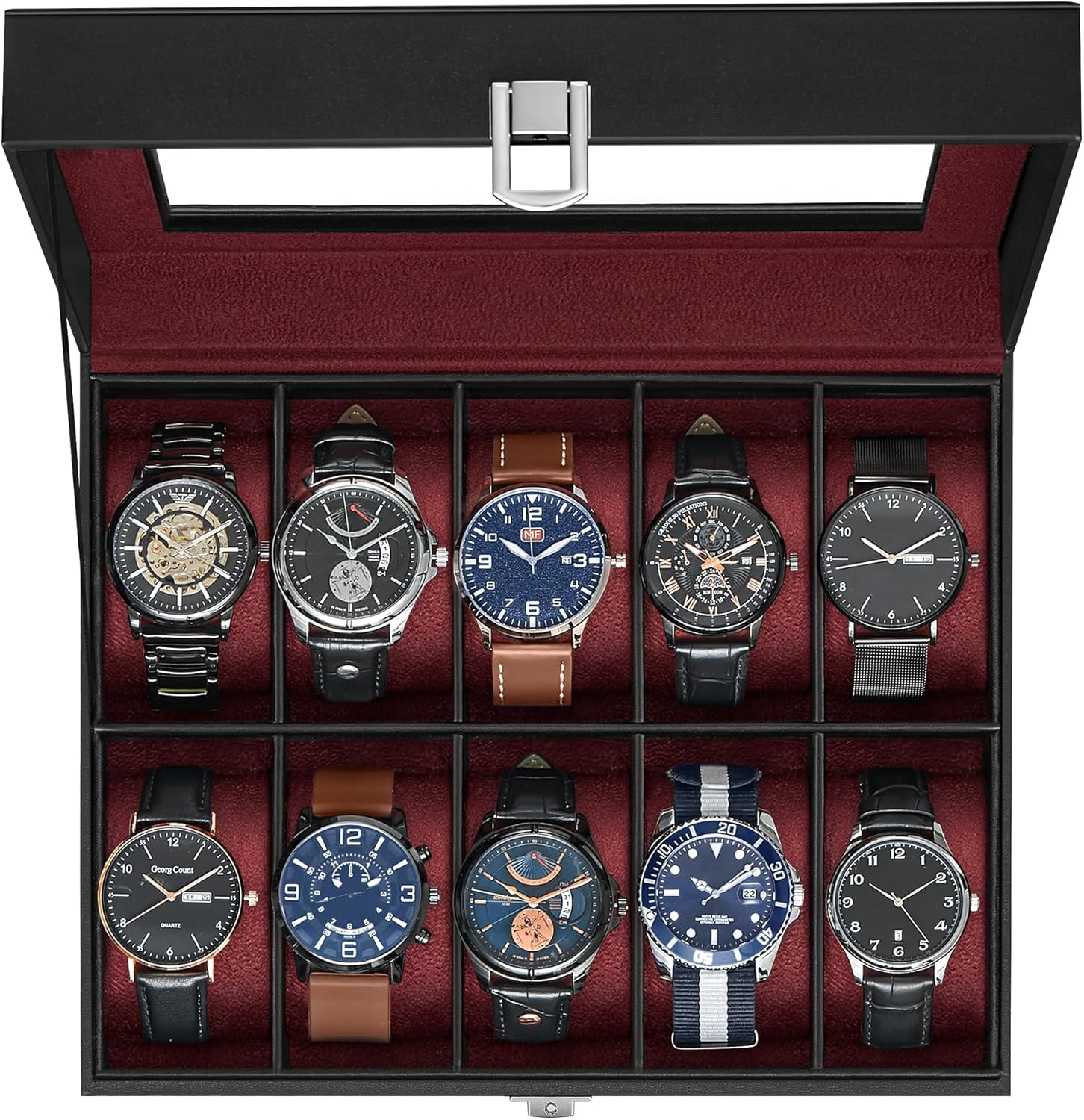 10-Slot Watch Box Organizer with Glass Lid for Watch Lovers