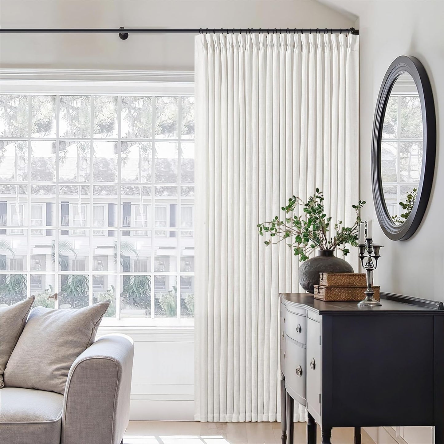 Beige White Pinch Pleated Extra Wide Curtain Panels 90 in Long